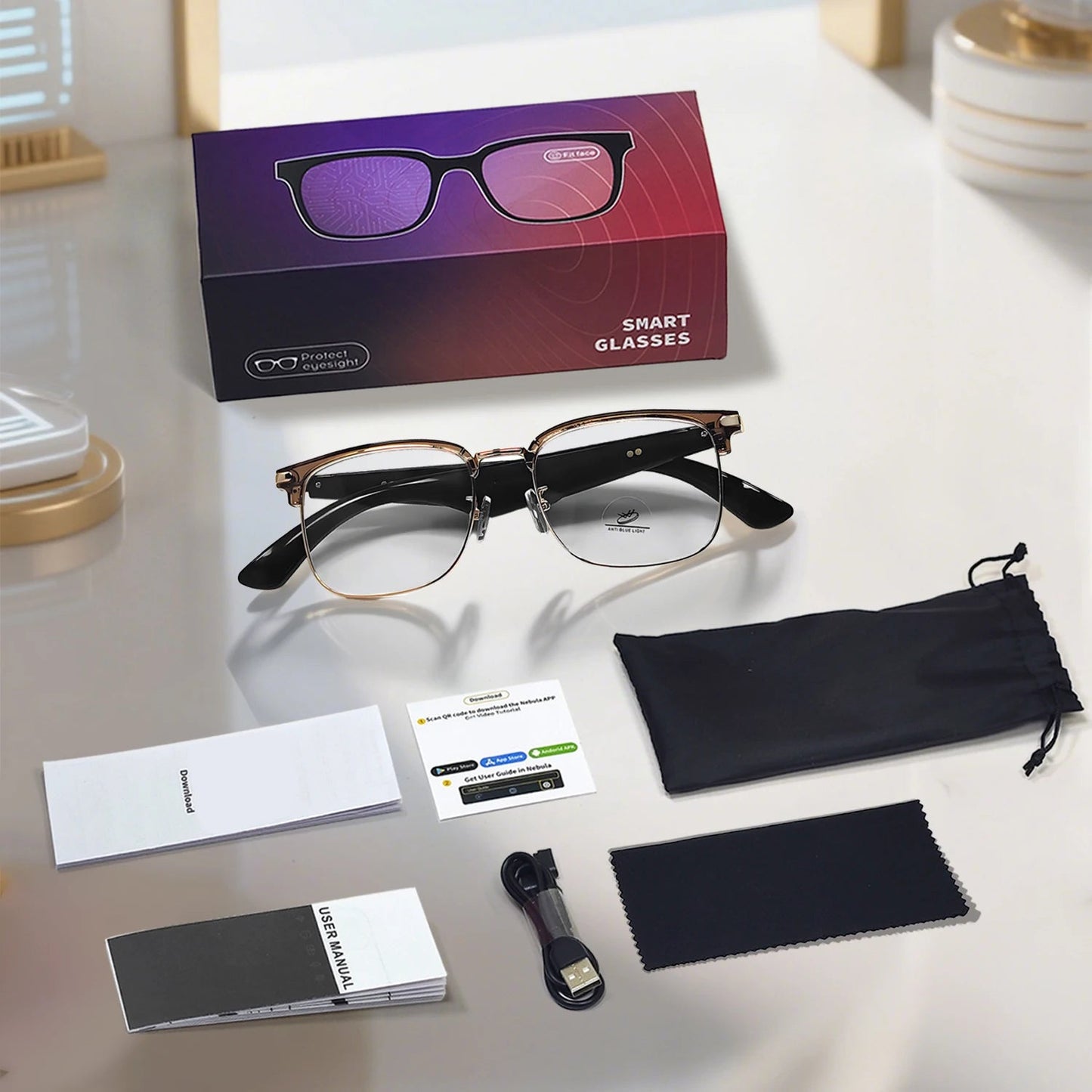 AI Smart Translation Glasses full package with original box, charging cable, cleaning cloth, storage pouch, and user manuals
