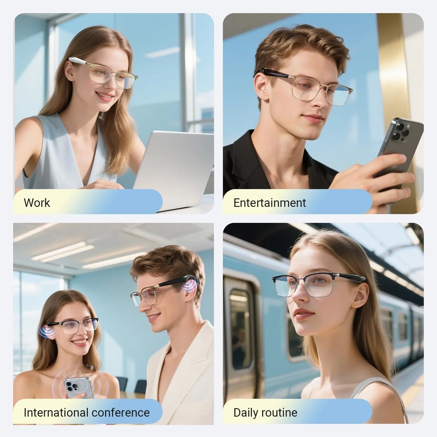 People wearing AI Smart Glasses with Voice Translation in work, entertainment, travel, and daily life settings
