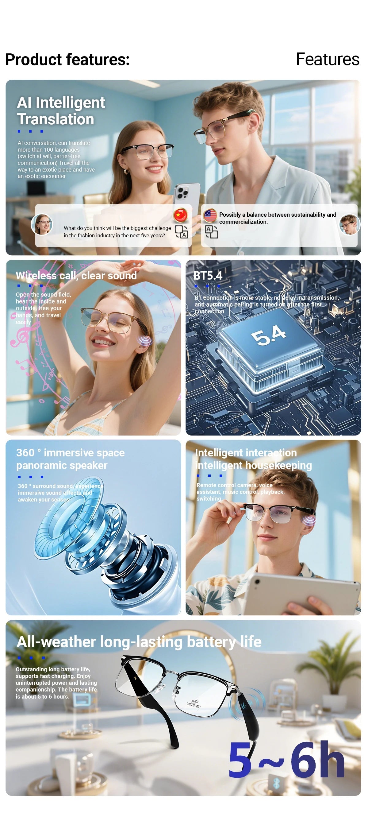 Key product features of AI Smart Glasses including real-time translation, Bluetooth 5.4, 360° lens design, and 5–6h battery life
