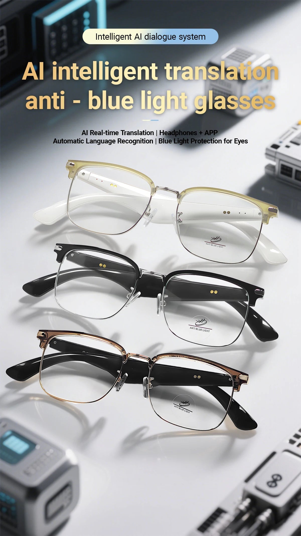 AI Smart Glasses with Real-Time Translation and Anti-Blue Light Protection displayed in multiple frame styles
