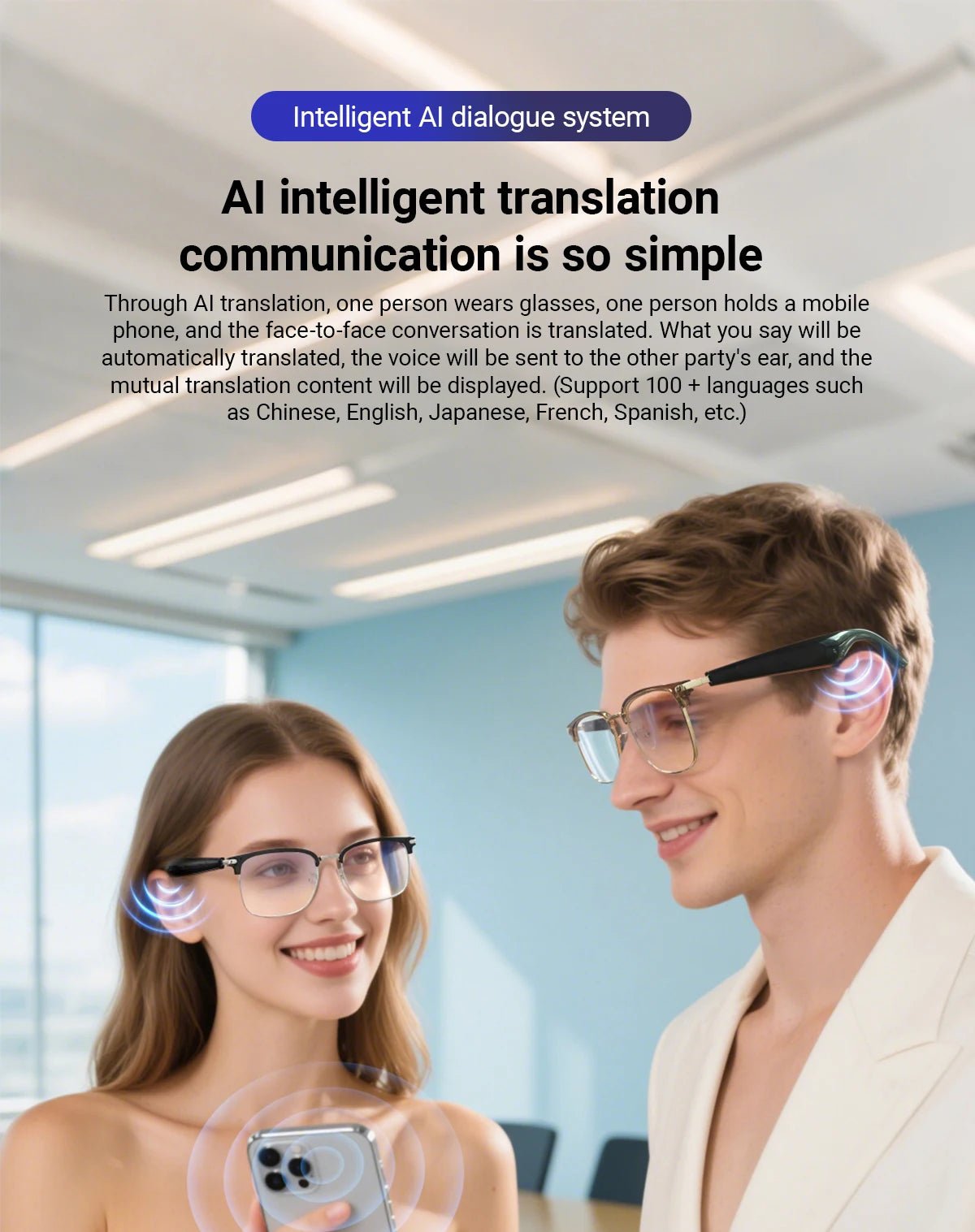 Two people communicating with AI Smart Glasses using real-time voice translation for face-to-face conversations
