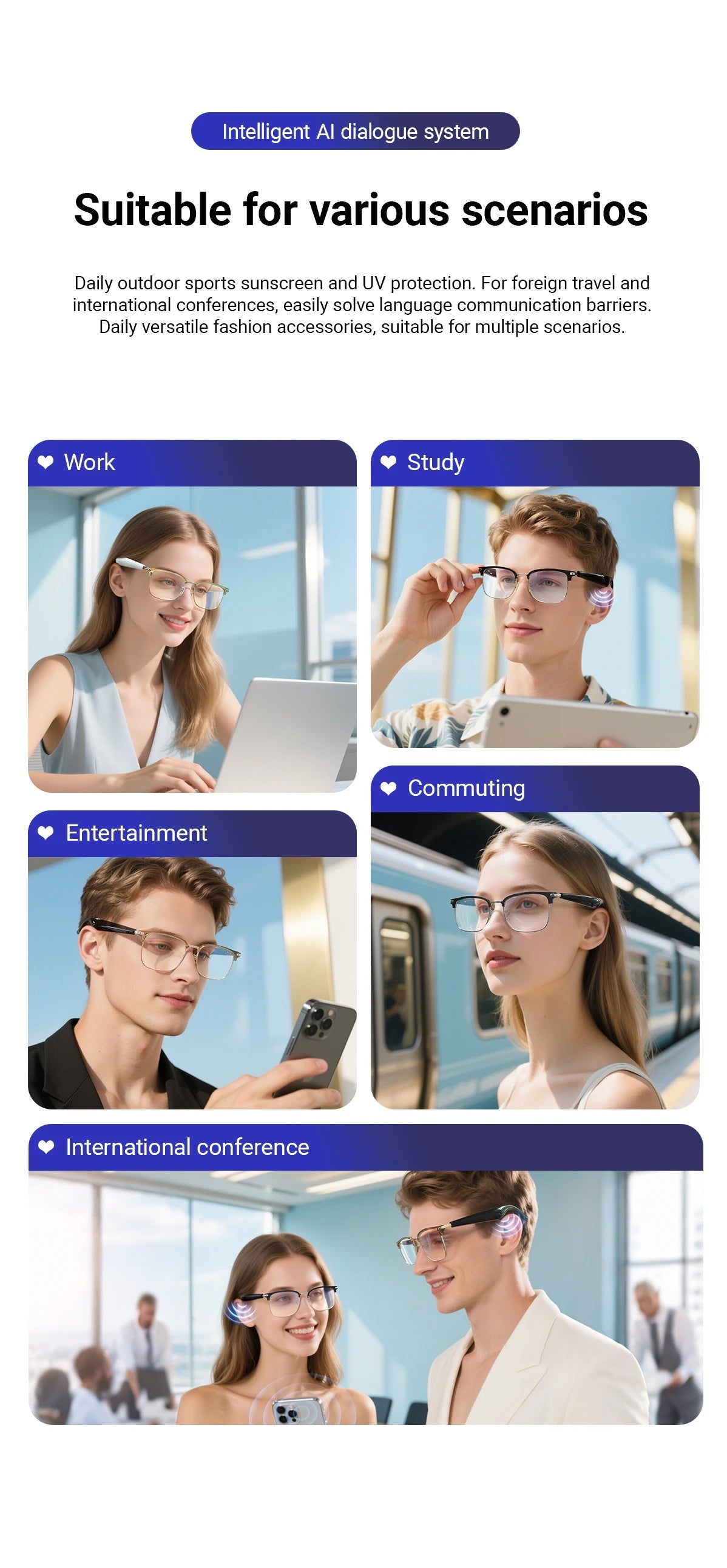 AI Smart Glasses with voice translation suitable for work, study, commuting, entertainment, and international conferences
