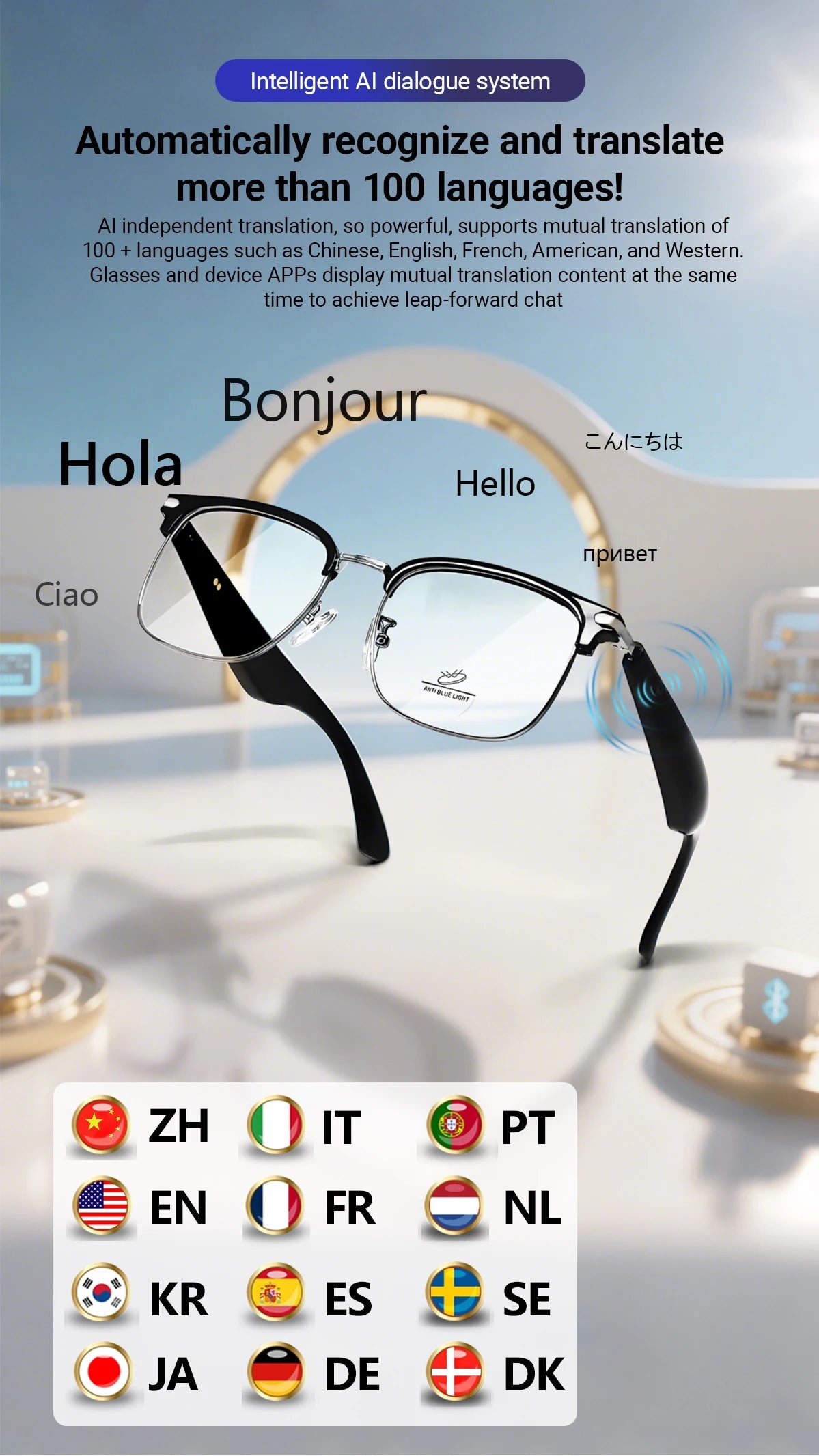 AI Smart Glasses with real-time translation support for over 100 languages, displaying multilingual text on screen
